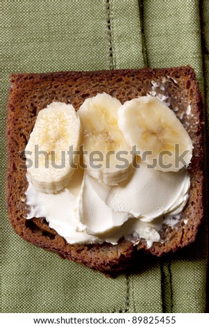 Toasted banana bread, topped with cream cheese, sliced banana and honey.  Delicious!