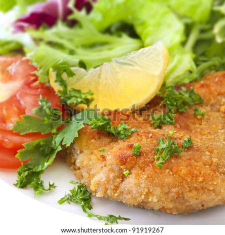 Schnitzel with salad, garnished with lemon and parsley.