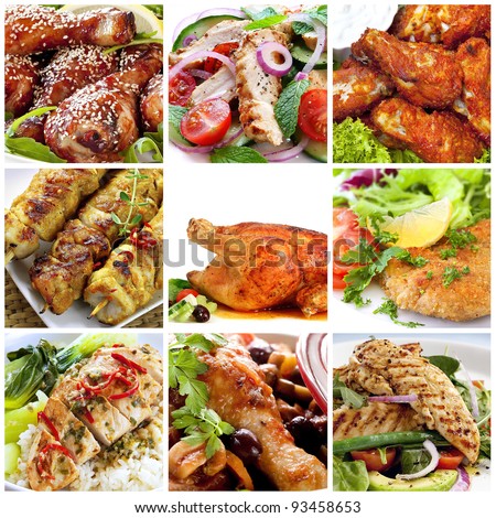 Collage of chicken dishes.  Includes honey soy chicken drumsticks, salads, buffalo wings, schnitzel, roast, chili, cacciatore, satay sticks.