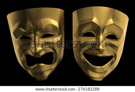 Tragicomic Theater Masks. Tragedy and comedy grotesque masks. 3D rendered image isolated on black background.