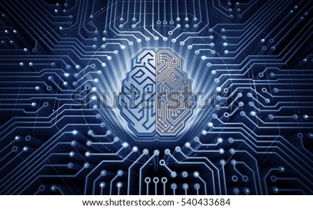 Cybernetic Brain. Electronic chip in form of cybernetic brain in electronic cyberspace. Illustration on the subject of \'Artificial Intelligence\'.