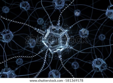 Artificial Neural Network. Neural nodes, connected together with a synaptic links in electronic cyberspace. 3D rendering image on the subject of \'Artificial Intelligence\'.