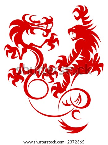 tiger tattoo art. stock vector : Dragon vs Tiger