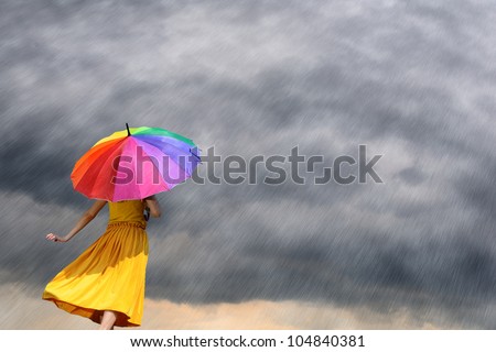 Multicolor umbrella yellow woman against the rain