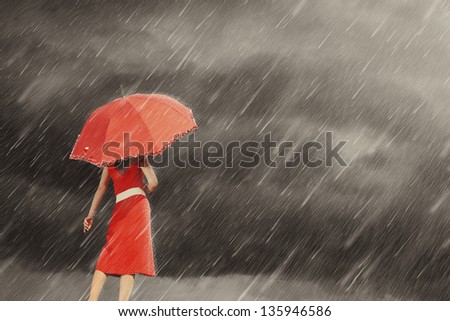 Red umbrella yellow woman against the rain