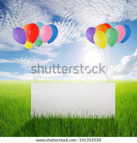 Big blank paper  and Color balloons in Rice fields and Sun sky