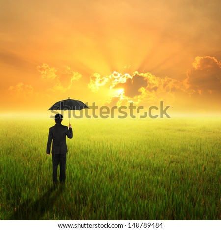 Umbrella man standing to sunset in grassland with umbrella