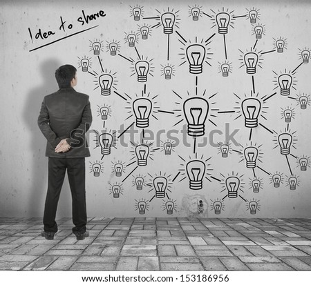 Business man see concept picture of idea to share on White Brick floor and Concrete wall