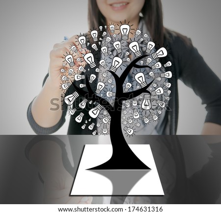 Business woman writing concept of Paper light bulb tree