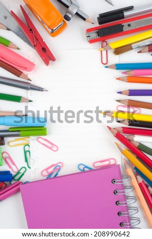 Paper and school or office tools on white background