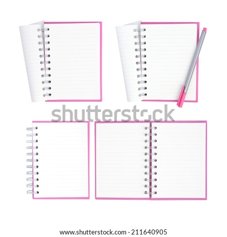 Pink notebook set isolated on white background and clipping path