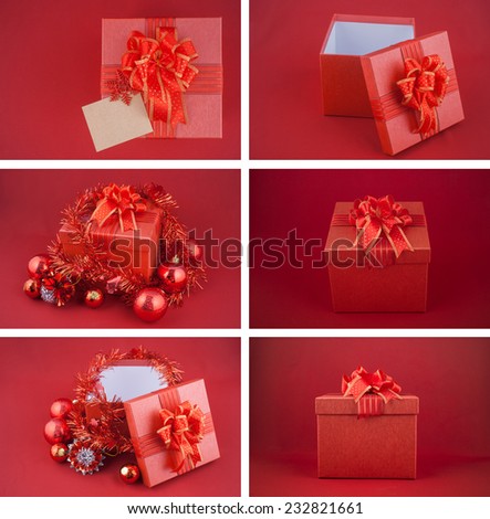 Collection of Christmas gift box with decorations and card set on red background