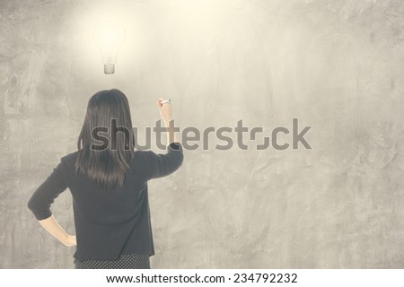 Business man thinking idea bulb and writing on blank wall for text and background