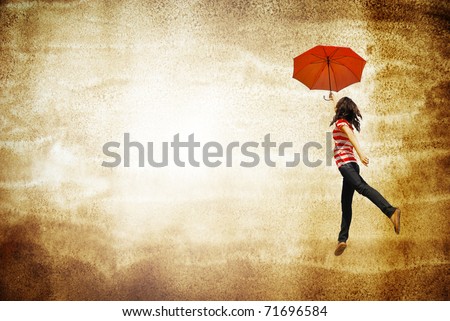 Red umbrella woman and old paper  for text and background