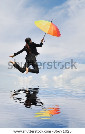 Water reflection,Red umbrella woman jump to sky
