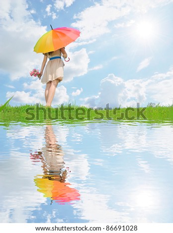 Water reflection,Red umbrella woman jump to sky
