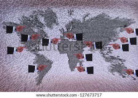 business hand pointing to world map  around page