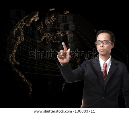 young man pointing to forward with world digital map on background use for high technology scene