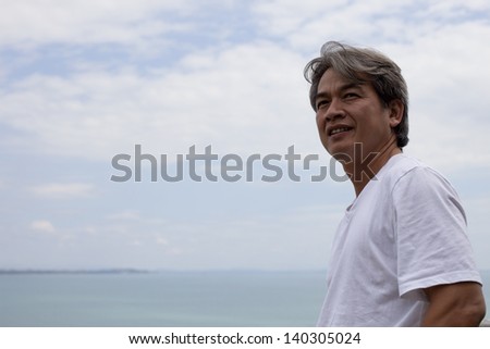 face of forty years old asian man with cloudy sky background use for multipurpose