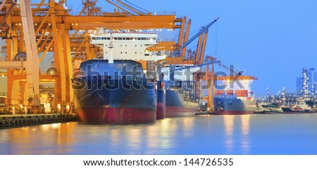panorama scene of ship yard with heavy crane in beautiful twilight  use for import export industry and international world trading