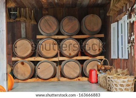 oak wood barrel tank stacked in winery house