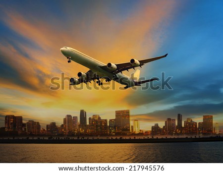 passenger plane flying above urban scene use for convenience air transport and logistic cargo by air transportation