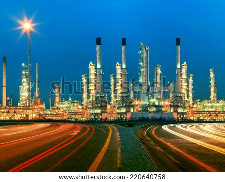beautiful lighting of oil refinery plant in  heavy petrochemical industry estate use for power ,energy and petroleum industrial topic