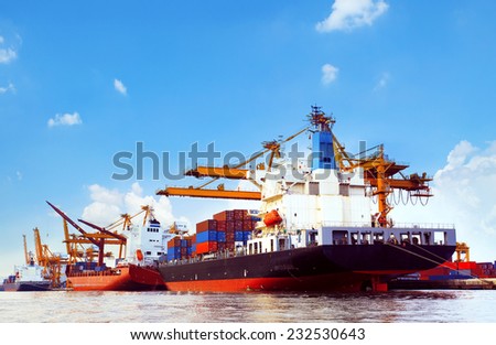 container ship in port cargo dock with piers crane tool use for import export industry and freight cargo ,logistic trading shipping service business theme