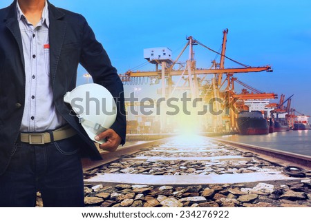 working man in port shipping transport and train land logistic use for transportation industry background