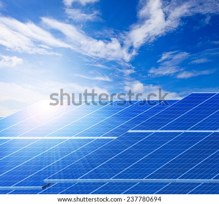 sun light and solar cell panels  against beautiful clear blue sky use as clean electricity power of pure natural background ,and related of ecology energy of nature