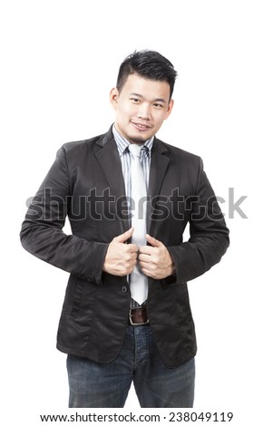 young smart asian man in western suit nice happy face standing on white background