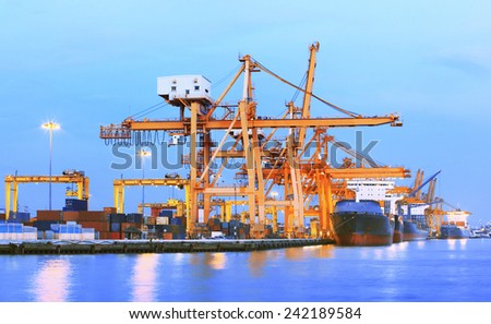 beaitiful landscape of heavy crane tool in ship port and container yard use for import - export and freight ,shipping of world trading business