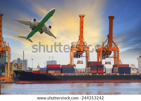 container ship loading on port and cargo plane flying above for water and air transportation industry