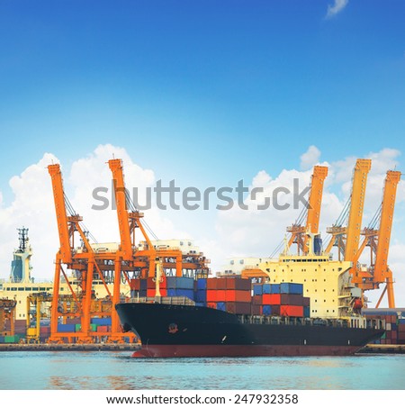 commercial ship and cargo container on port use for import export and freight logistic water transport industry