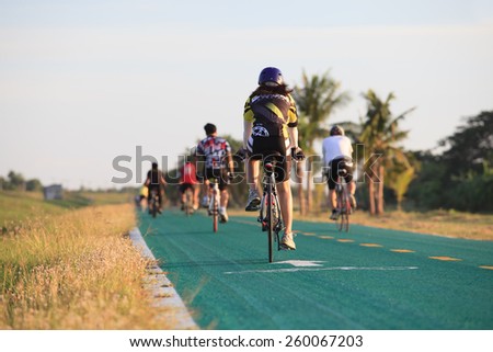 THAILAND,BANGKOK-MAY24 :people riding bicycle in suvarnabhumi airport biking track on may 24,2014 in Bangkok Thailand ,biking is the most popular in new generation people activities in thailand