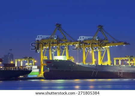 beautiful lighting of container ship in port  use for import,export and freight logistic business industry