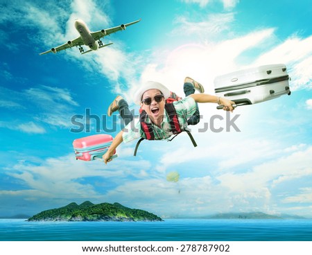 young man flying from passenger plane to natural destination island on blue ocean with happiness face emotion use for people traveling on vacation holiday in summer season