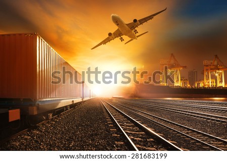 industry container trains running on railways track and commercial ship in port ,plane air cargo flying above  use for land ,air ,and vessel transport industry  and logistic business