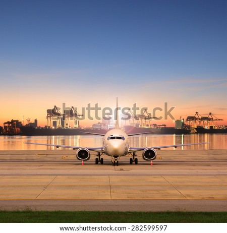 cargo plane parking in airport runways and shipping port behind use for ship port logistic and air freight delivery service