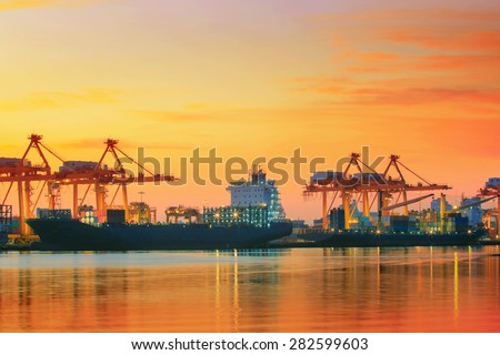 beautiful twilight sky at shipping port use for vessel ,nautical import and export transport logistic industry
