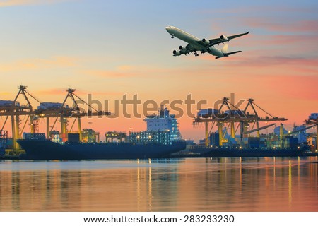 cargo plane flying above ship port use for transportation and freight logistic industry business