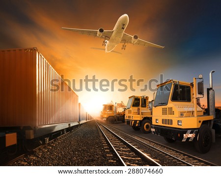 industry container trains running on railways track plane cargo flying above and ship transport in import export container yard