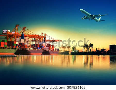 cargo plane flying above ship in port for logistic and transport industry
