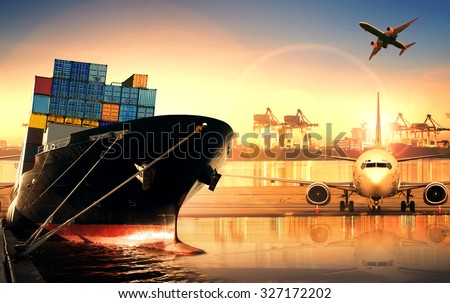 container ship in import export port and use for freight cargo ,logistic business theme