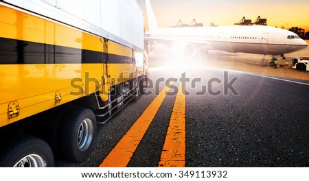 container truck and ship in import,export harbor port with cargo freight plane flying use for transport and logistic ,shipping business background,backdrop