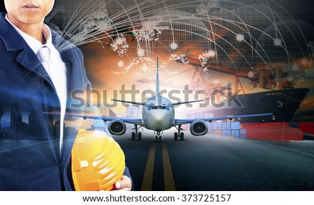ship loading container in import - export pier and air cargo plane approach in airport use for transport and freight logistic business industry background