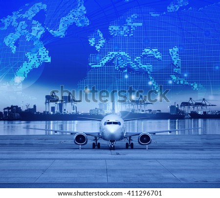 cargo plane parking in airport runways and shipping port behind use for ship port logistic and air freight delivery service