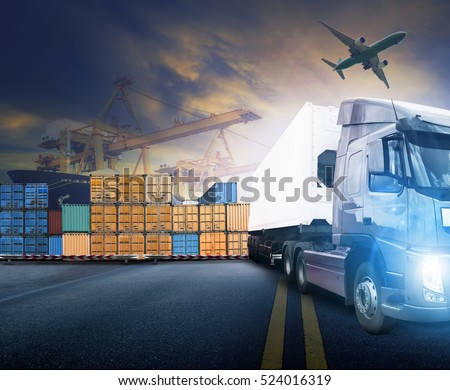 working man and container truck ,ship in port and freight cargo plane in transport and import-export commercial logistic ,shipping business industry