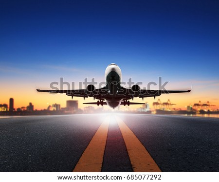 cargo plane take off from airport runways against ship port background use for air transportation and cargo logistic industry ,import ,export business
