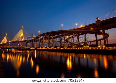 Bhumibol Bridge in Thailand,The bridge crosses the Chao Phraya River twice.